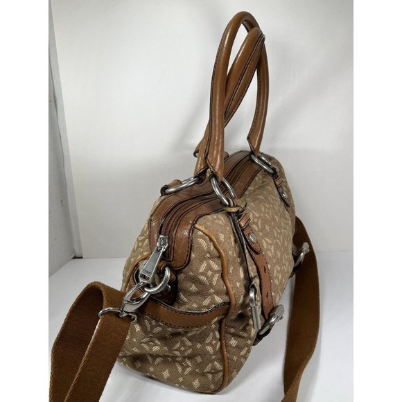 Fossil Brown Patterned Fabric and Leather Satchel Shoulder Bag - Picture 4 of 12